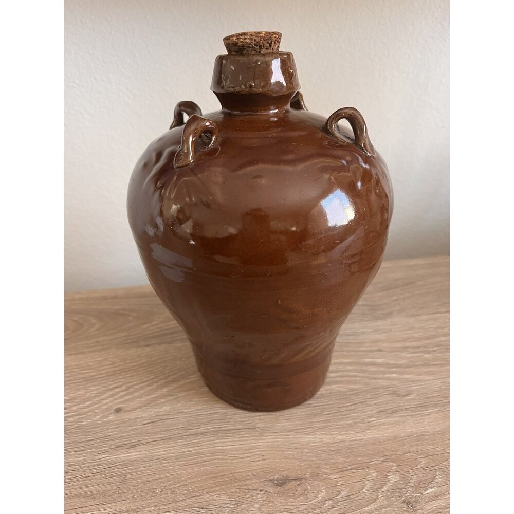 Vintage 8-1/2" Pottery Brown Glazed Rice Wine Bottle Jug w/ Cork Chinese Asian - Picture 11 of 15